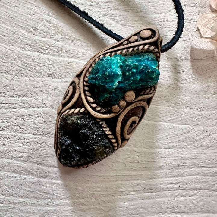 Raw Chrysocolla and Moldavite Pendant Necklace - FairyGardenGlow