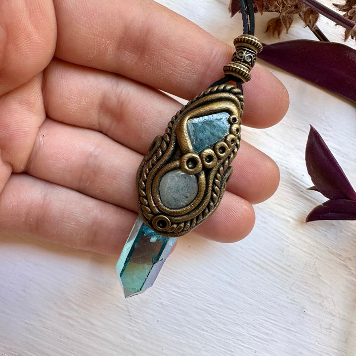 Aqua Aura Quartz Blue Tourmaline and Aquamarine Necklace - FairyGardenGlow