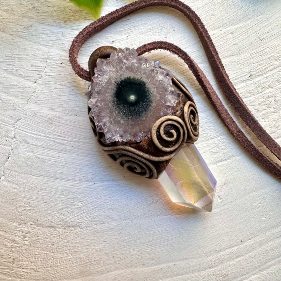 Angel Aura Quartz and Amethyst Stalactite Necklace - FairyGardenGlow