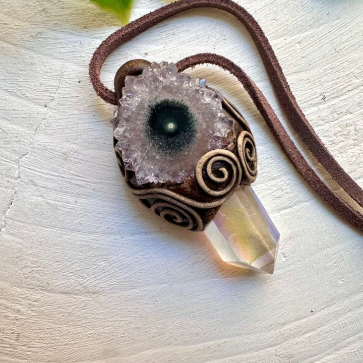 Angel Aura Quartz and Amethyst Stalactite Necklace - FairyGardenGlow