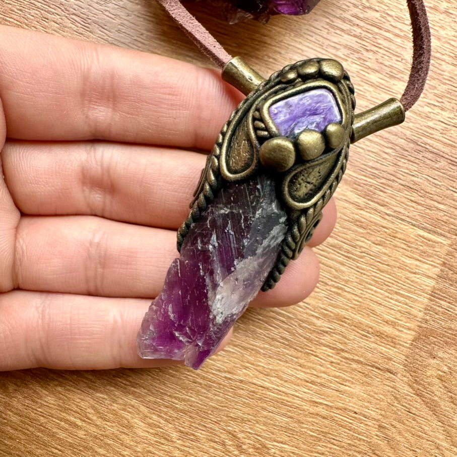 Raw Purple Fluorite and Charoite Pendant Necklace, Spiritual Handmade Jewelry - FairyGardenGlow