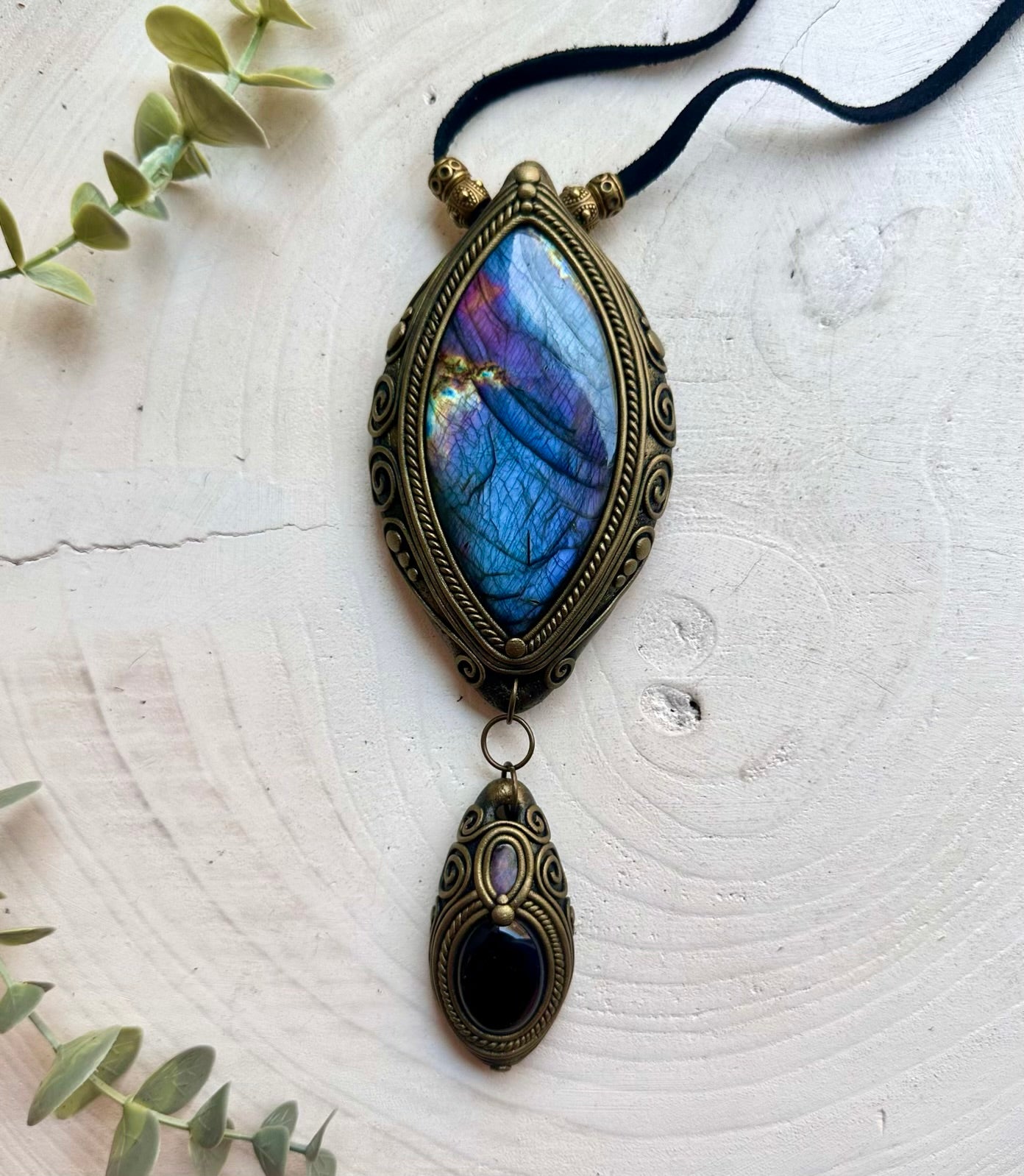 Handmade statement crystal necklace featuring a Gorgeous Large Labradorite with Amethyst and Boulder Opal, a one of a kind crystal talisman.