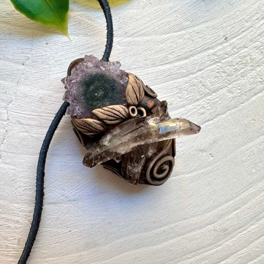 Smoky Quartz Cluster and Amethyst Stalactite Pendant Necklace, Handmade Clay Pendant FairyGardenGlow