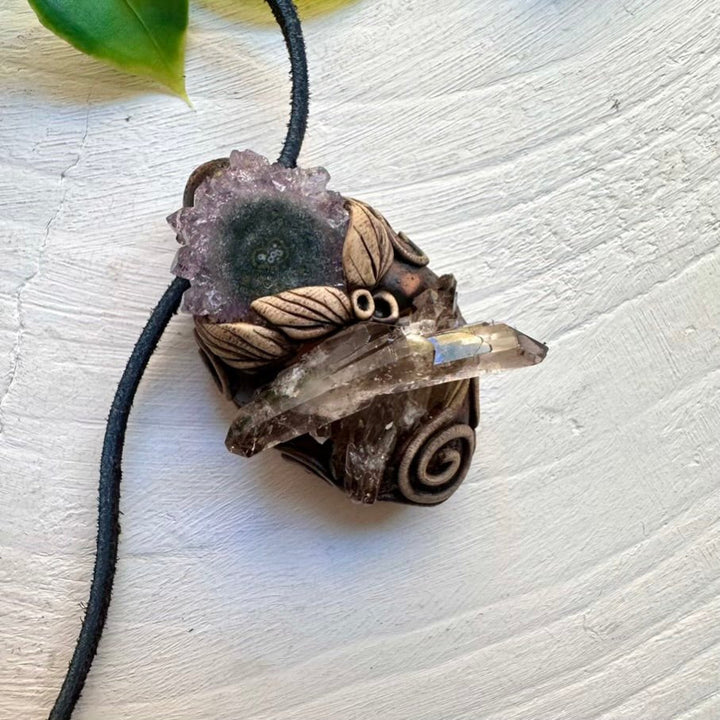 Smoky Quartz Cluster and Amethyst Stalactite Pendant Necklace, Handmade Clay Pendant FairyGardenGlow