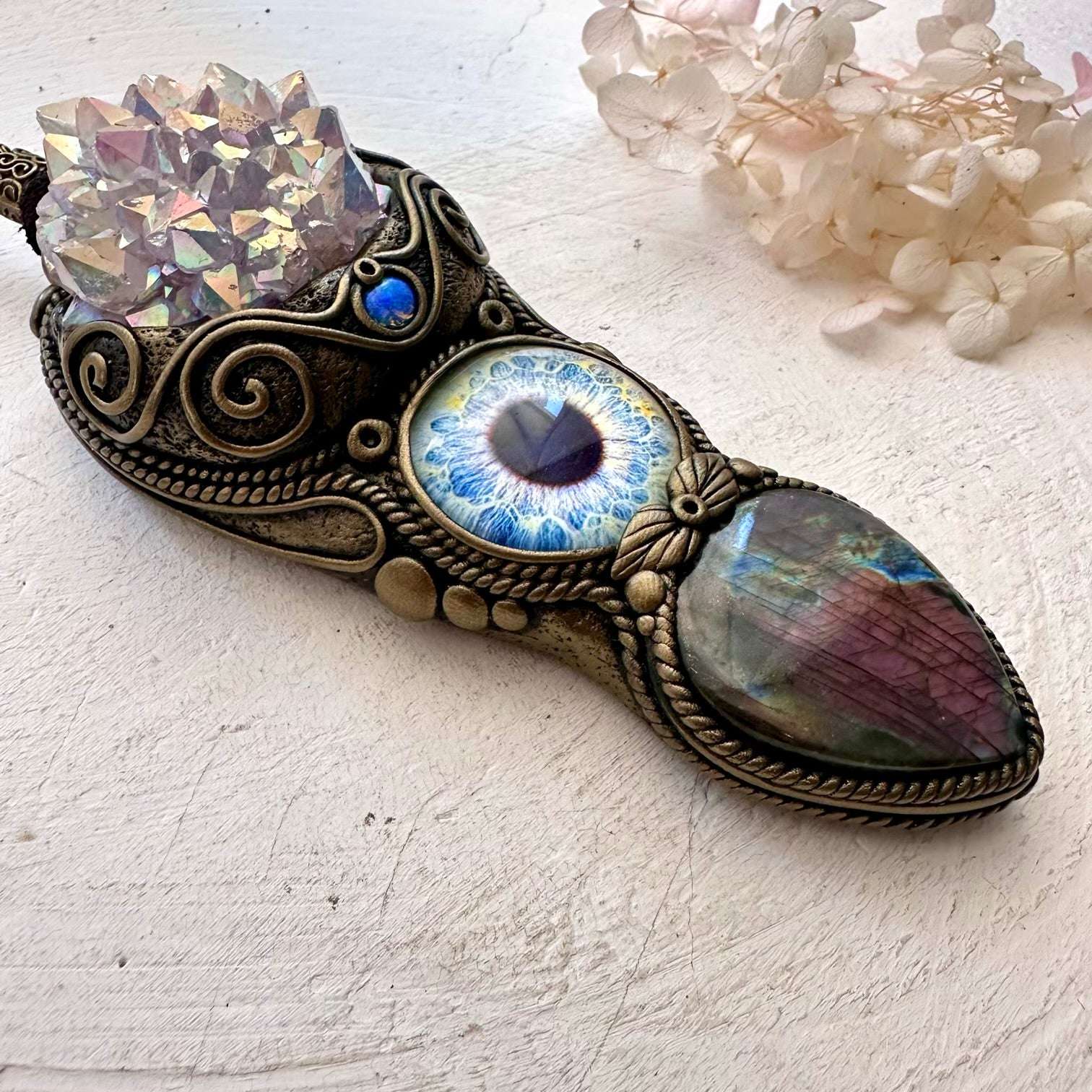 Angel Aura Amethyst Cluster Purple Labradorite and Australian Opal Eye Wand / Pendant - FairyGardenGlow