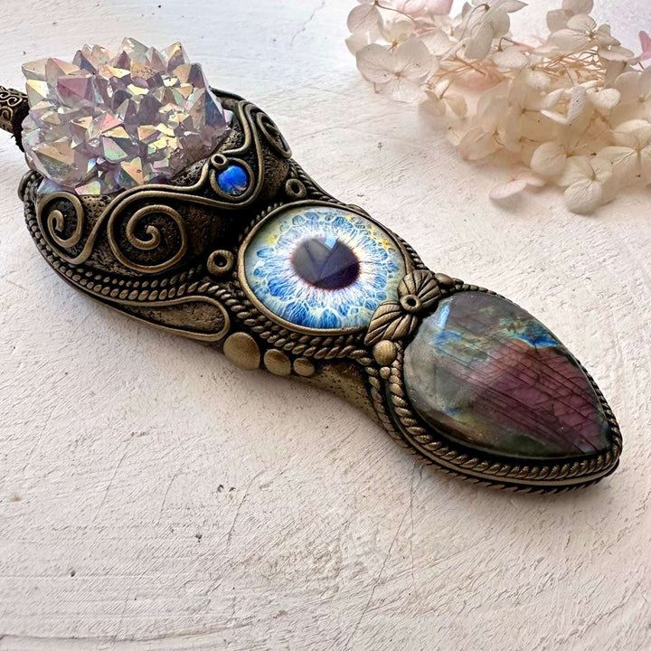 Angel Aura Amethyst Cluster Purple Labradorite and Australian Opal Eye Wand / Pendant - FairyGardenGlow