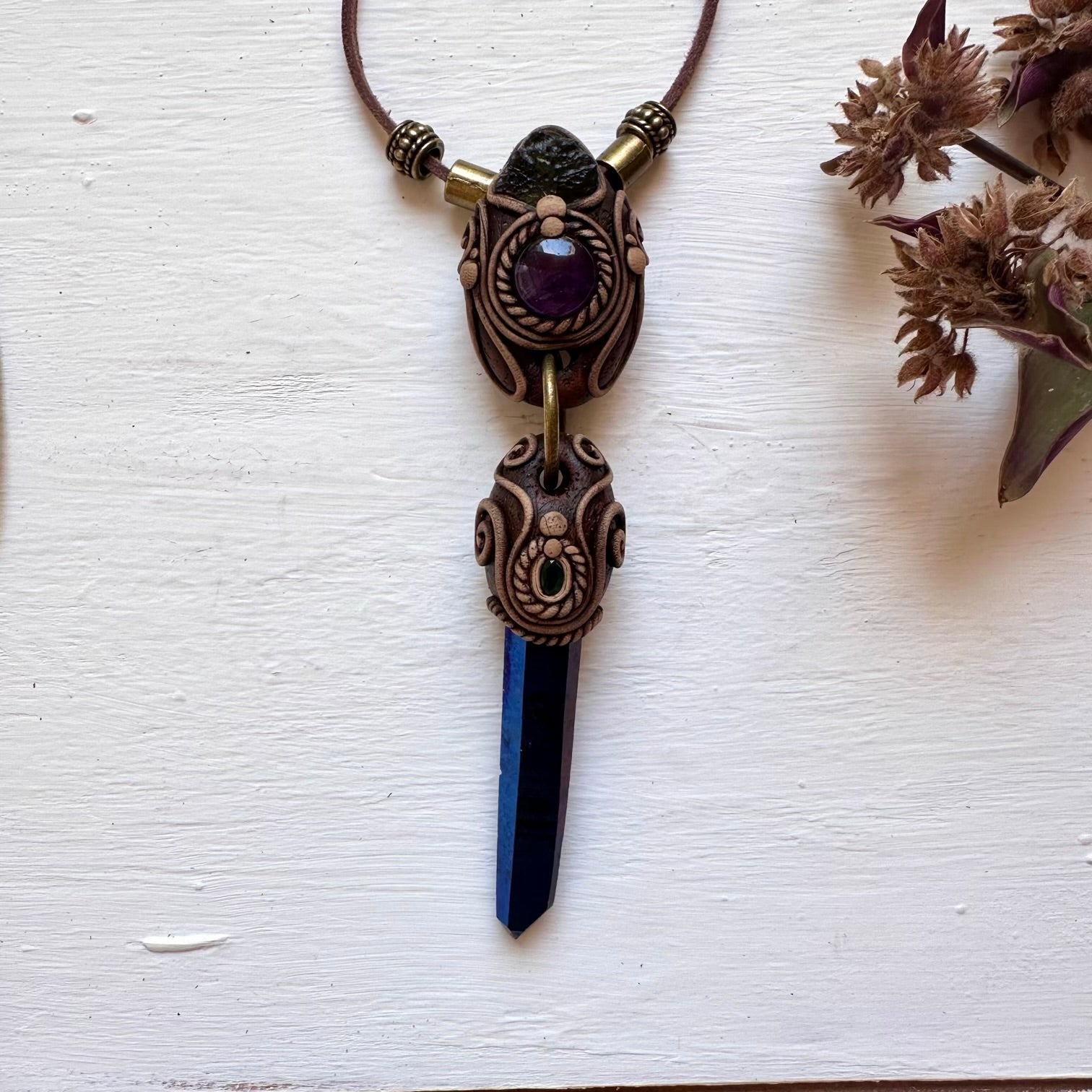 Cobalt Aura Quartz Necklace, Moldavite Amethyst and Emerald Crystal Necklace - FairyGardenGlow