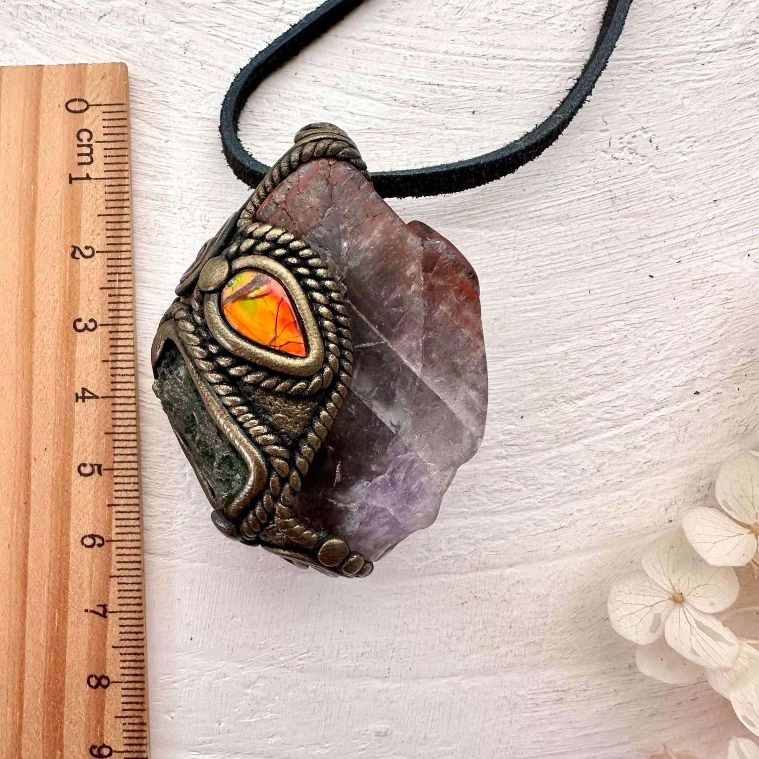 Super Seven Quartz Ammolite and Moldavite Pendant, Handmade Crystal Necklace - FairyGardenGlow