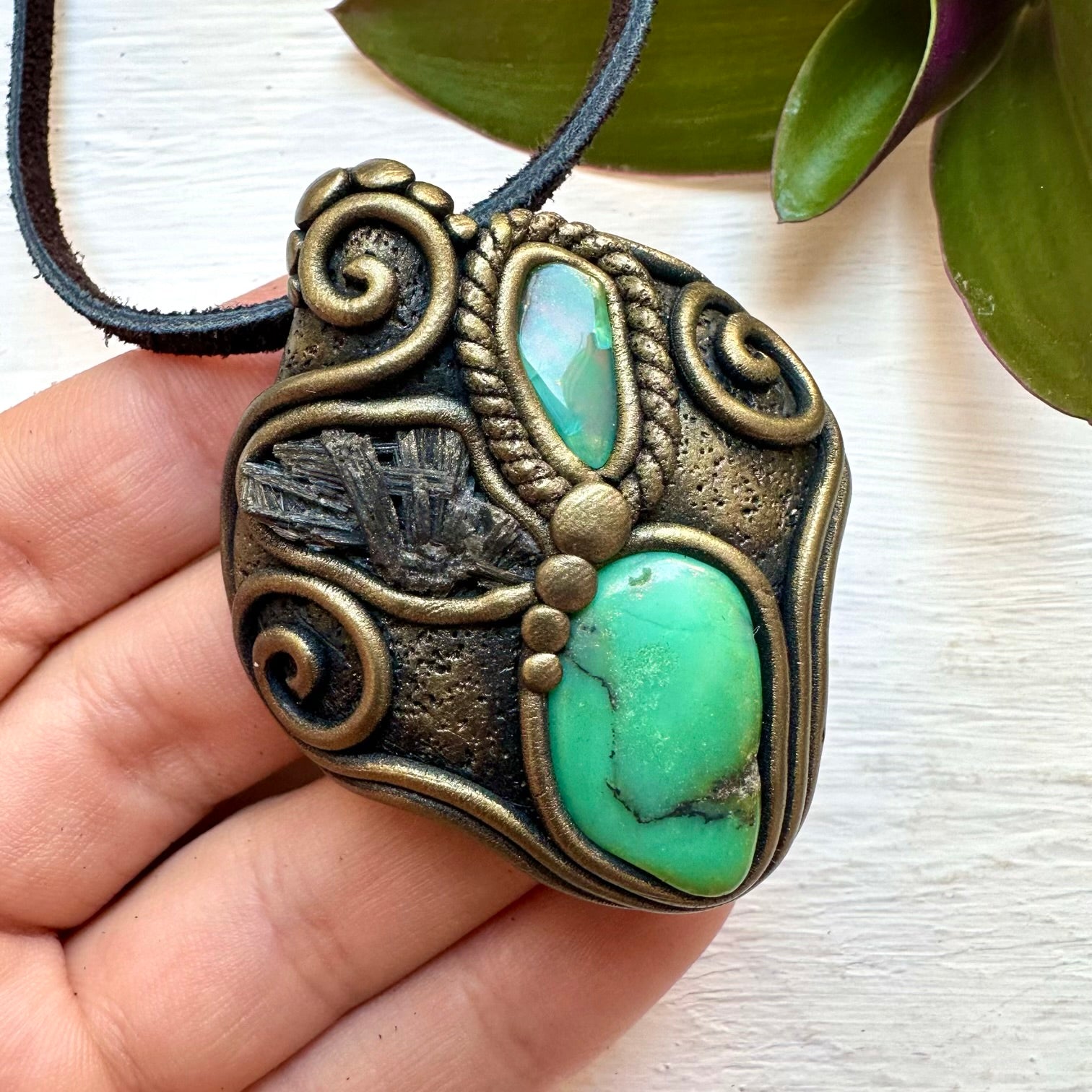 Chrysoprase Black Kyanite and Green Opal Pendant Necklace, Handmade Crystal Necklace - FairyGardenGlow