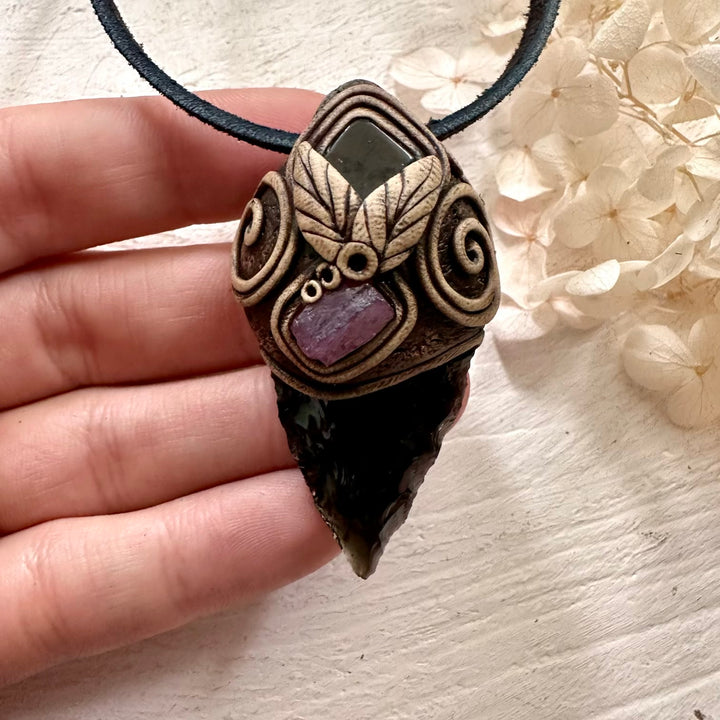 Black Obsidian Arrowhead Ruby and Dravite Pendant Necklace - FairyGardenGlow