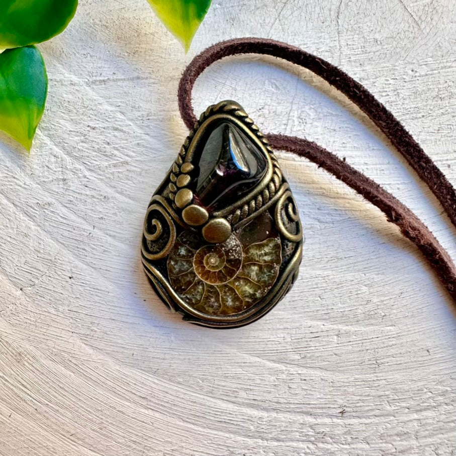 Ammonite and Bi Color Tourmaline Pendant Necklace