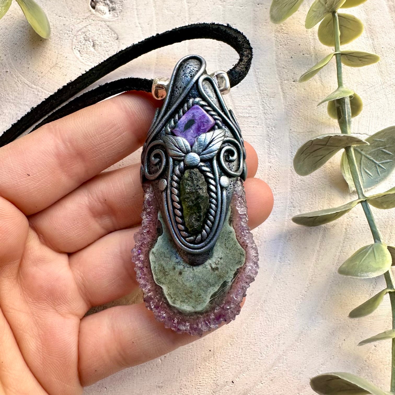 Amethyst Stalactite with Charoite and Moldavite Necklace, Handmade Healing Crystal Pendant