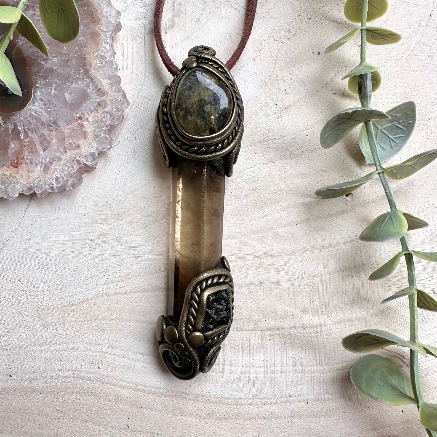 Handmade healing crystal wand with smoky quartz and moldavite