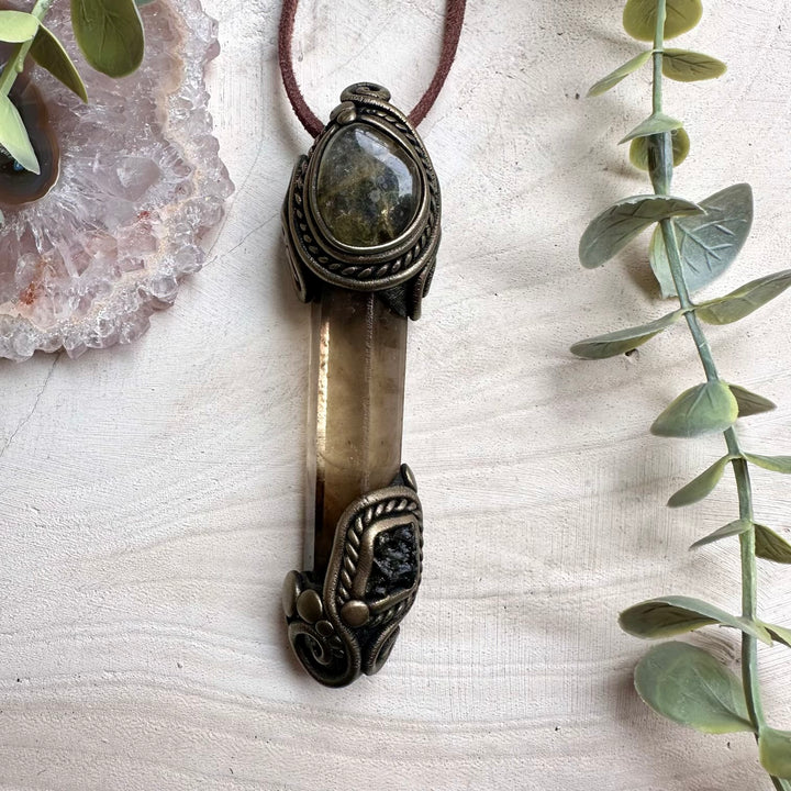 Handmade healing crystal wand with smoky quartz and moldavite