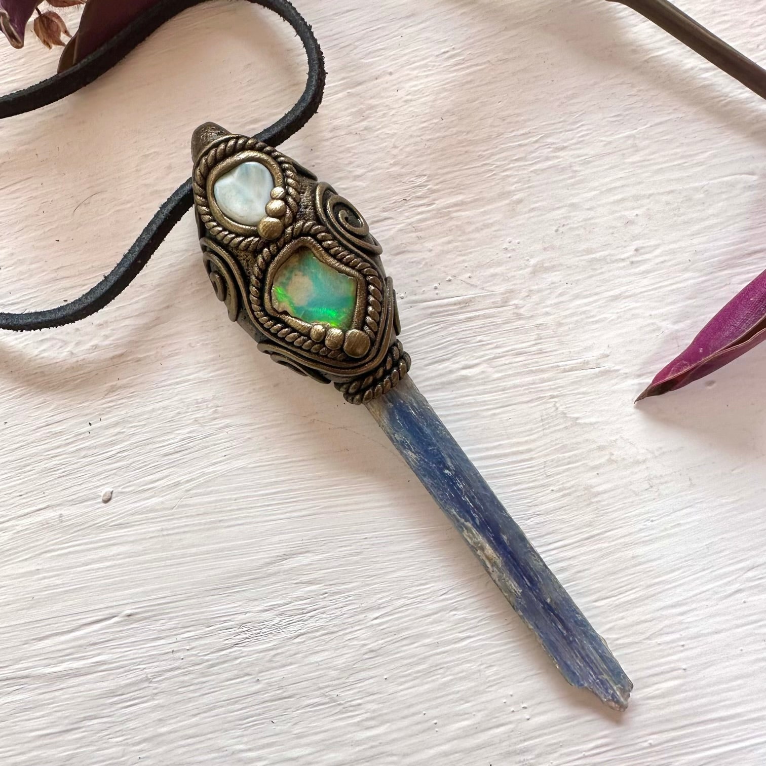Blue Kyanite Larimar and Raw Opal Wand/ Pendant - FairyGardenGlow