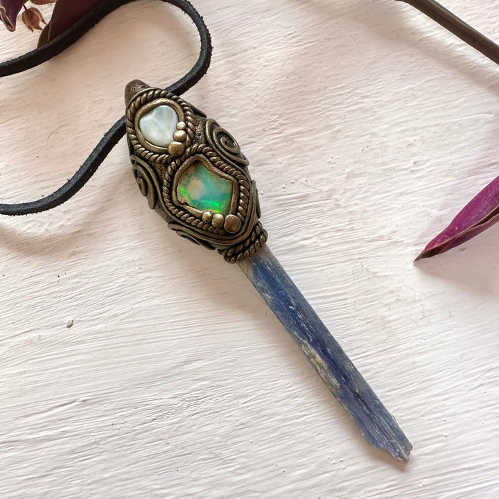 Blue Kyanite Larimar and Raw Opal Wand/ Pendant - FairyGardenGlow