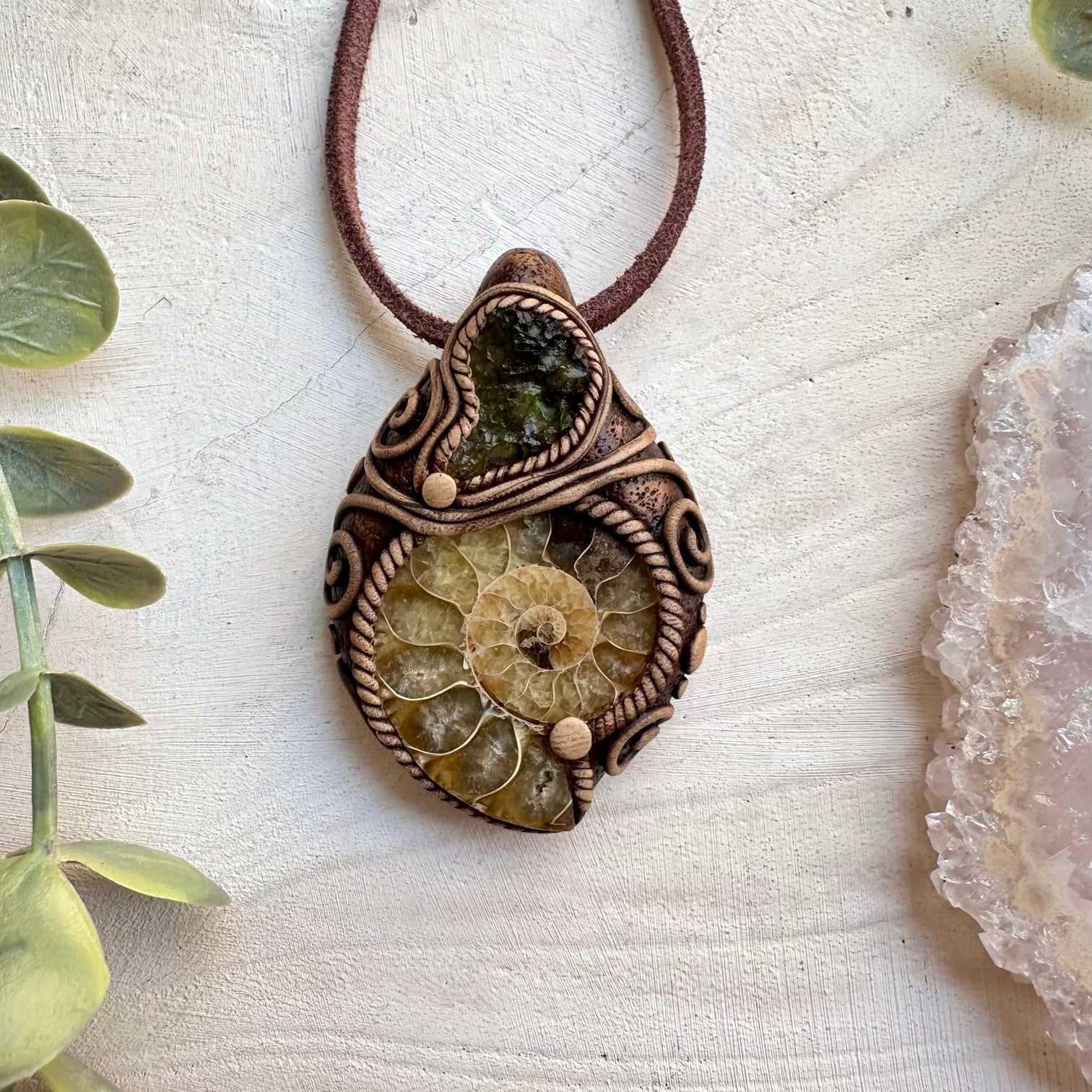 Ammonite Fossil and Raw Moldavite Pendant, Handmade Unisex Necklace