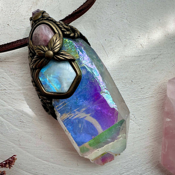 Crystal Wand / Pendant, Angel Aura Quartz Rainbow Moonstone, Rose Quartz, Raw Ruby - FairyGardenGlow