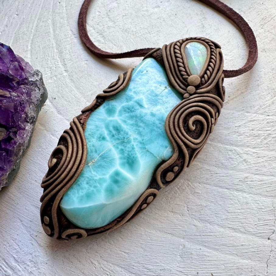 Large Larimar and Australian Opal Pendant Necklace, Healing Crystal Jewelry FairyGardenGlow