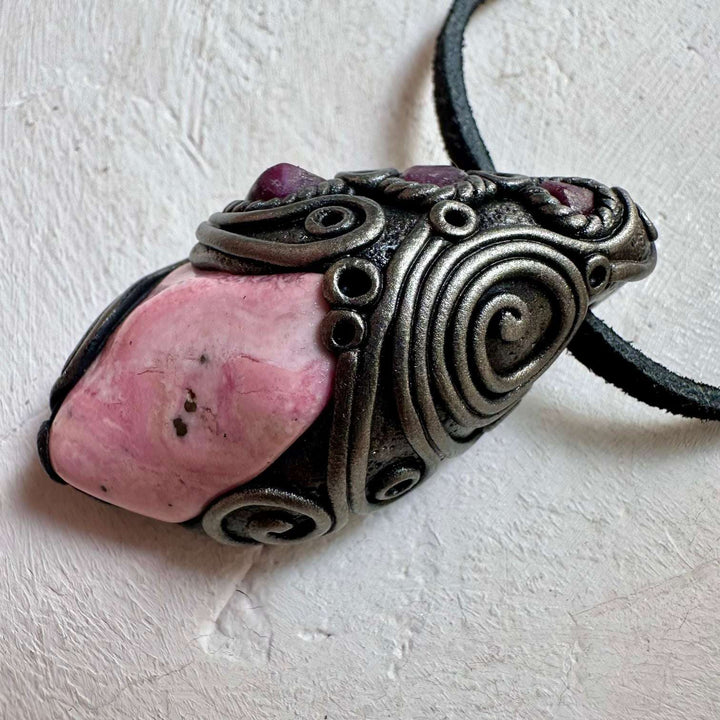Peruvian Rhodonite and Ruby Crystal Necklace - FairyGardenGlow