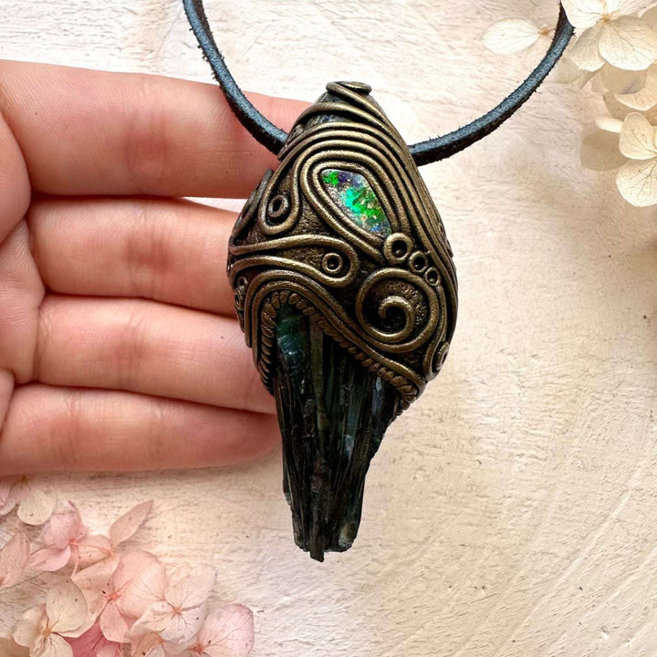 Vivianite and Boulder Opal Pendant - FairyGardenGlow