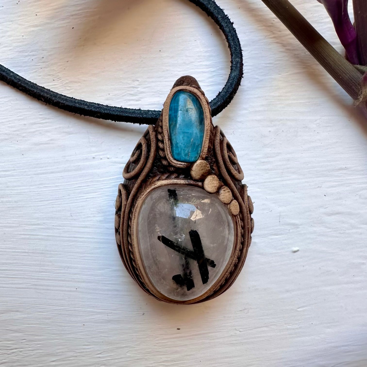 Tourmaline in Quartz and Blue Apatite Necklace - FairyGardenGlow