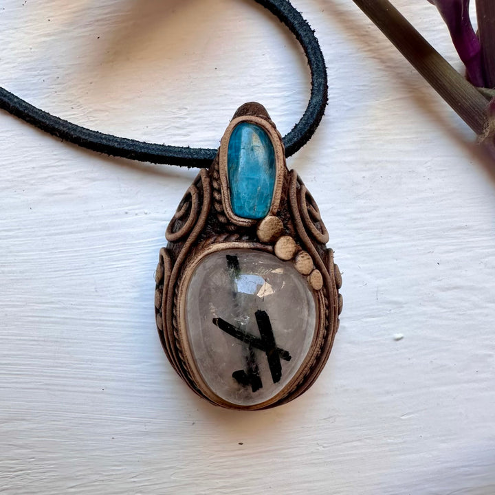 Tourmaline in Quartz and Blue Apatite Necklace - FairyGardenGlow