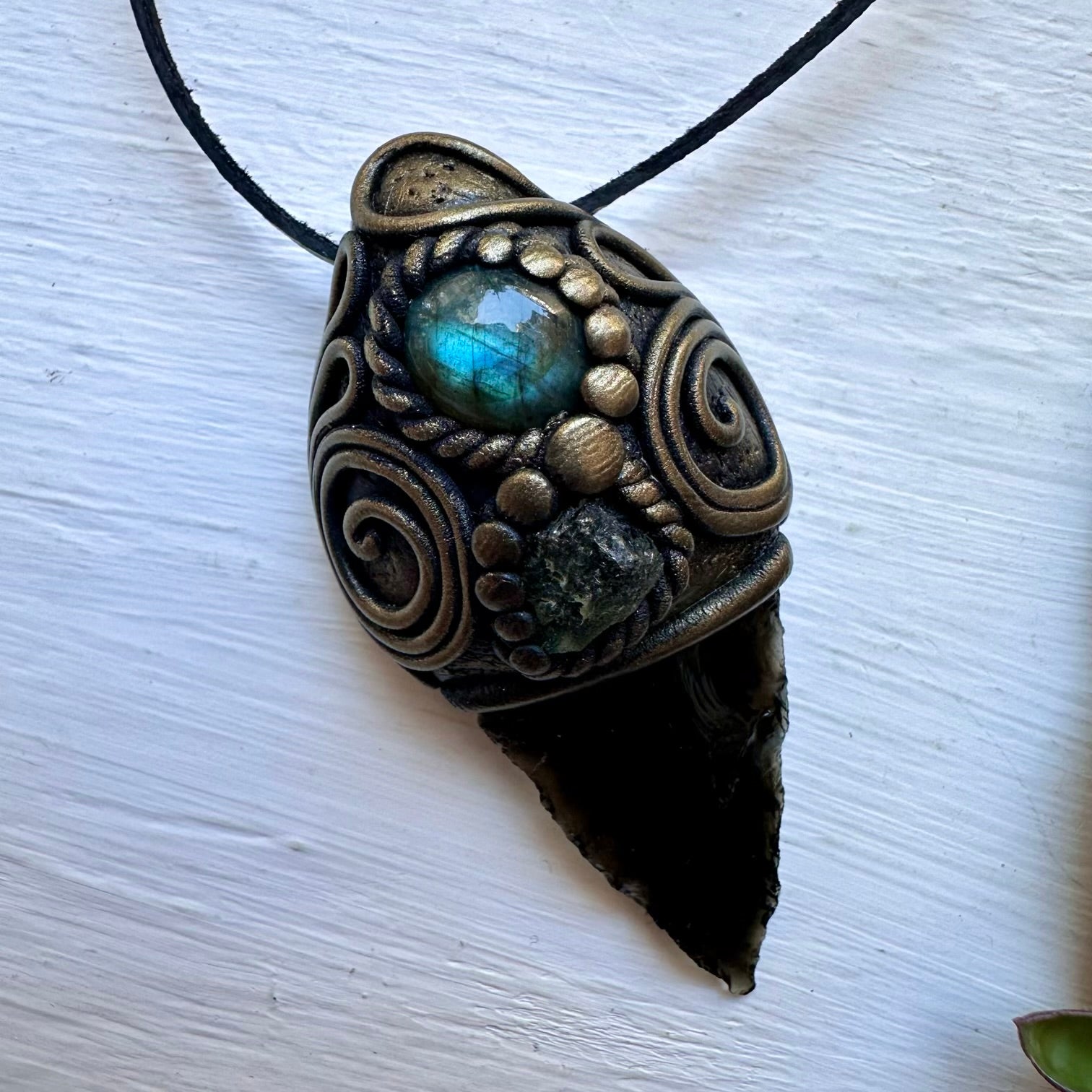 Black Obsidian Arrowhead Labradorite and Moldavite Pendant Necklace