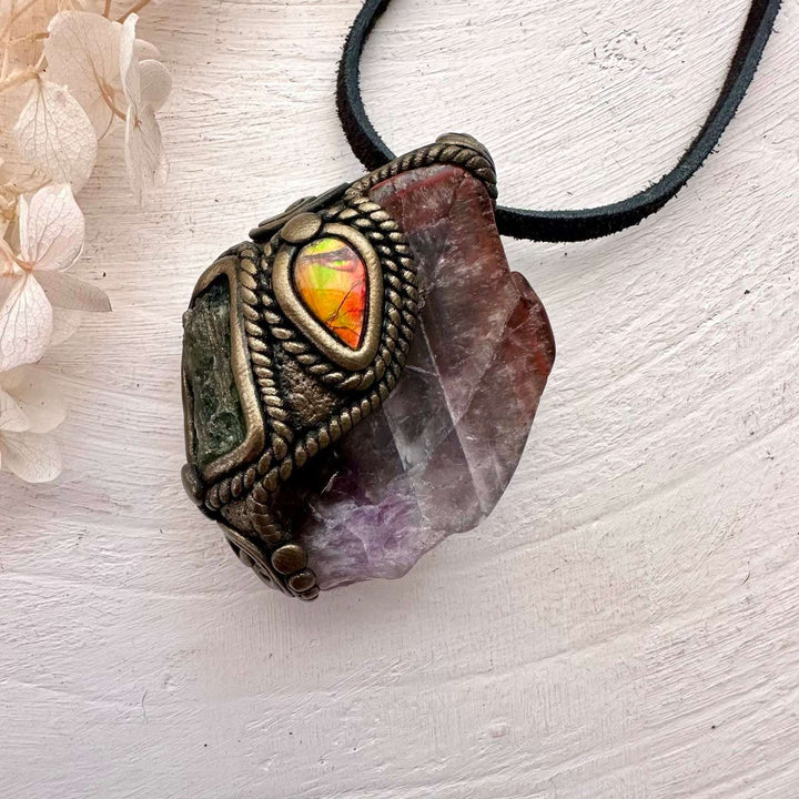 Super Seven Quartz Ammolite and Moldavite Pendant, Handmade Crystal Necklace - FairyGardenGlow