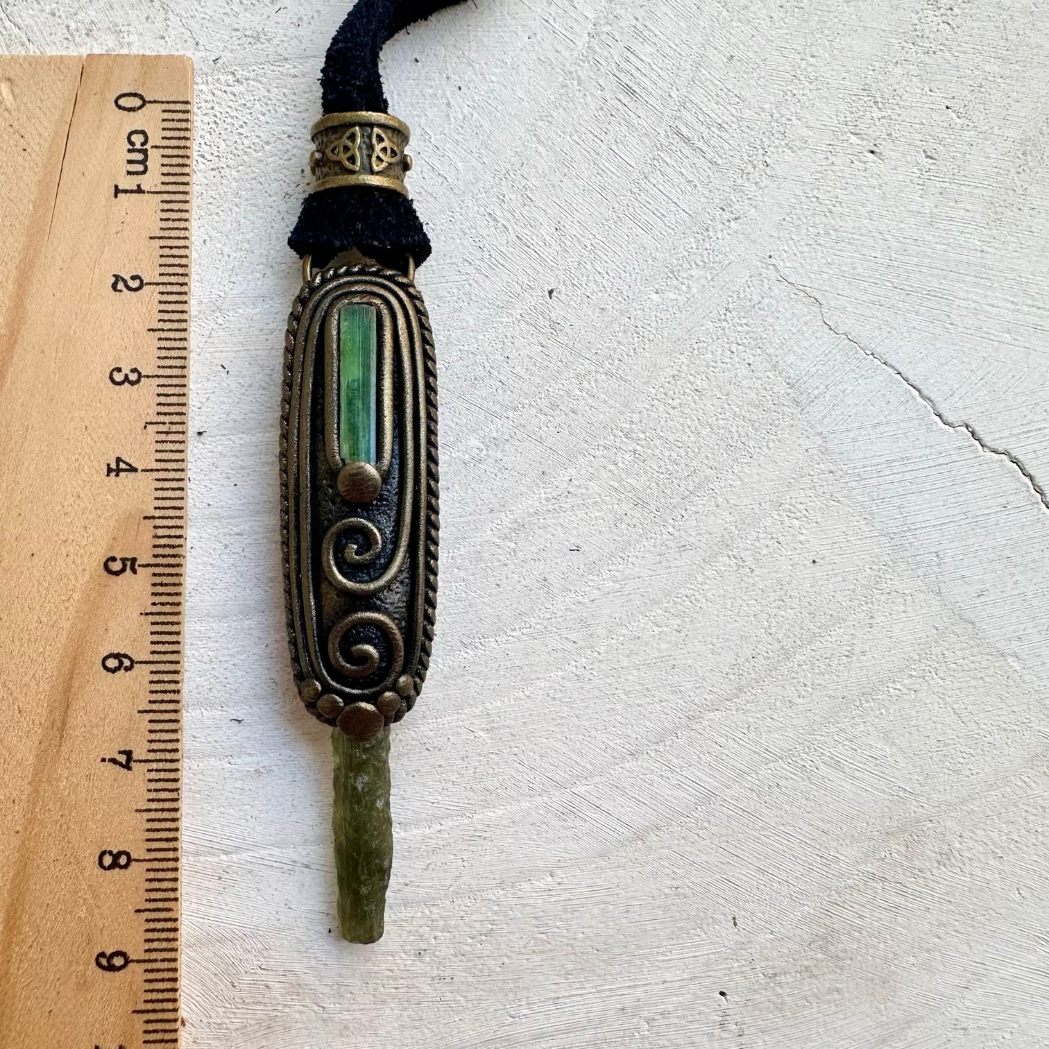 Handmade gemstone necklace with Moldavite and Tourmaline