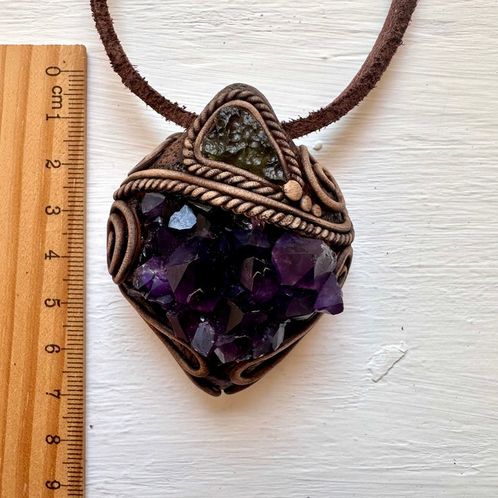 Amethyst Cluster and Moldavite Pendant Necklace - FairyGardenGlow