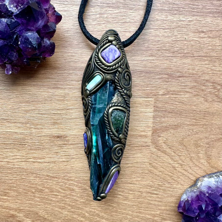 Gorgeous Vivianite with Moldavite, Charoite, Solid Australian Opal, and Lapis Lazuli Healing Crystal Wand-Pendant, Handmade Healing Crystal Talisman - FairyGardenGlow