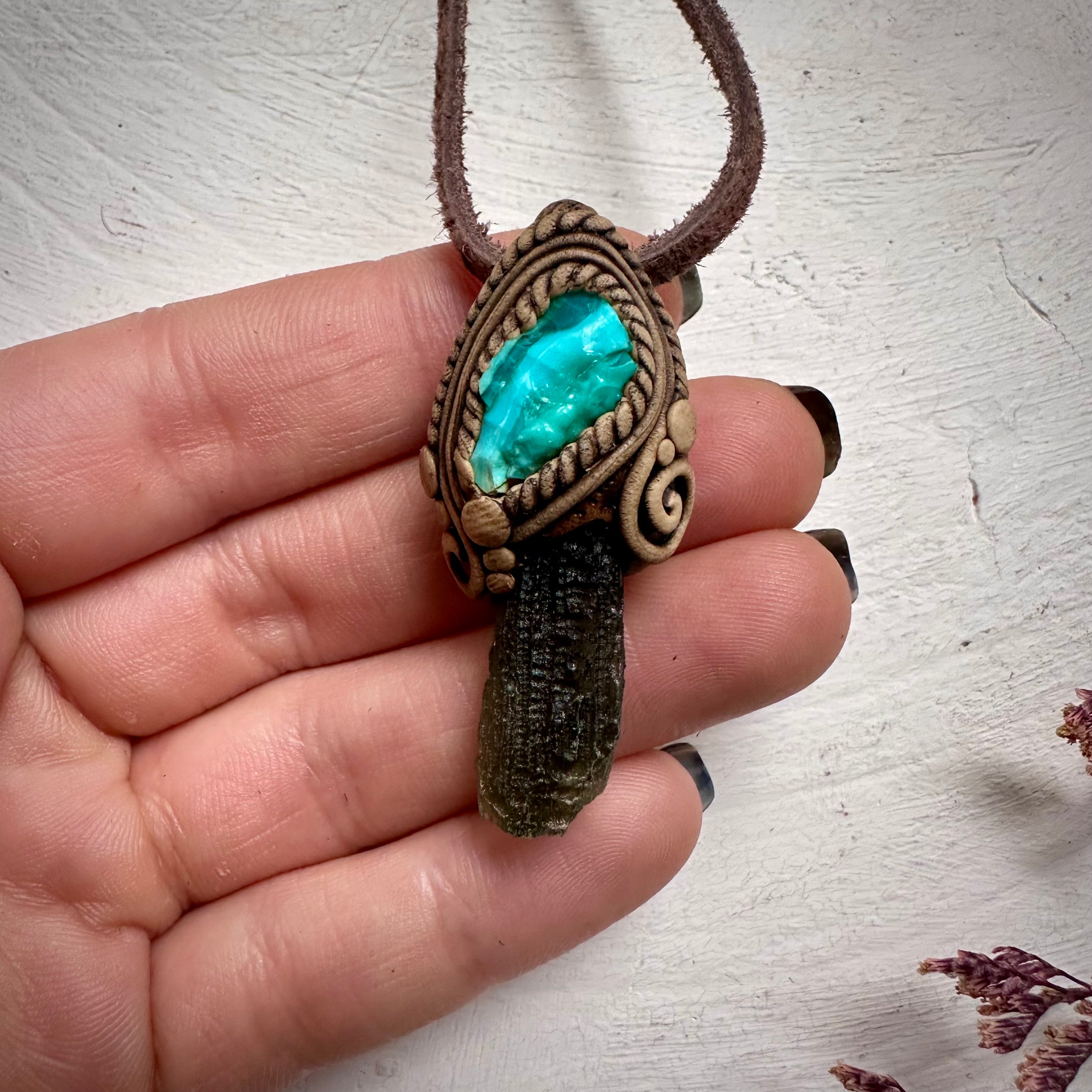 Moldavite and Raw Chrysocolla Necklace - FairyGardenGlow