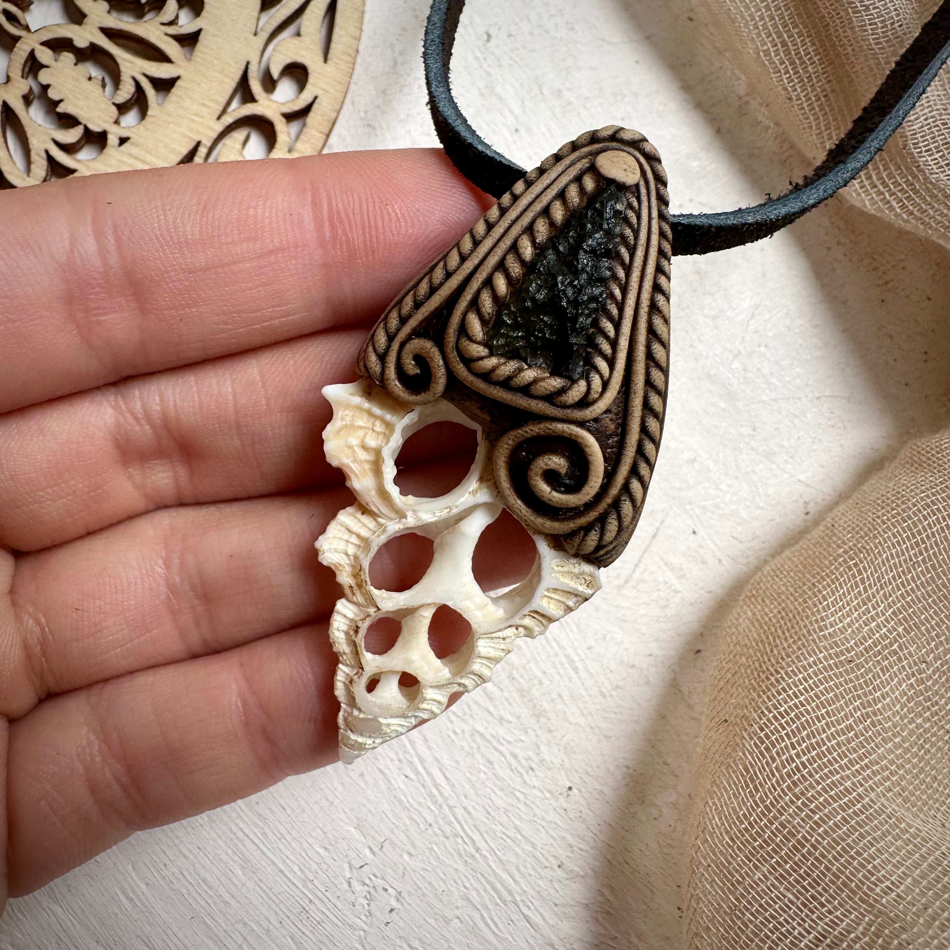 Seashell Slice and Moldavite Necklace - FairyGardenGlow
