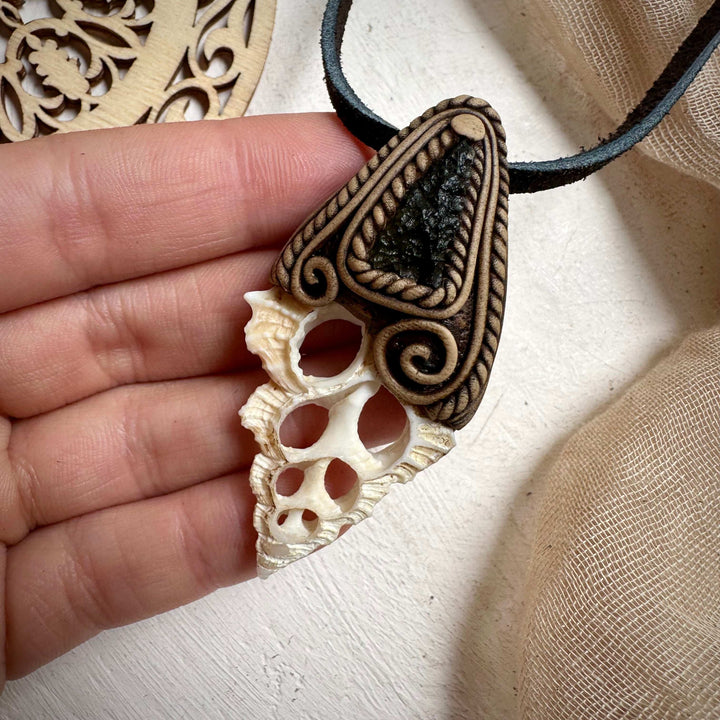 Seashell Slice and Moldavite Necklace - FairyGardenGlow