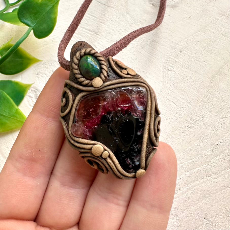 Bi Color Tourmaline and Black Ethiopian Opal Pendant Necklace