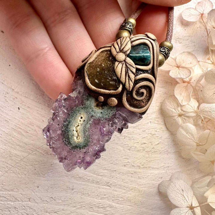 Amethyst Stalactite Blue Tourmaline and Moldavite Pendant - FairyGardenGlow