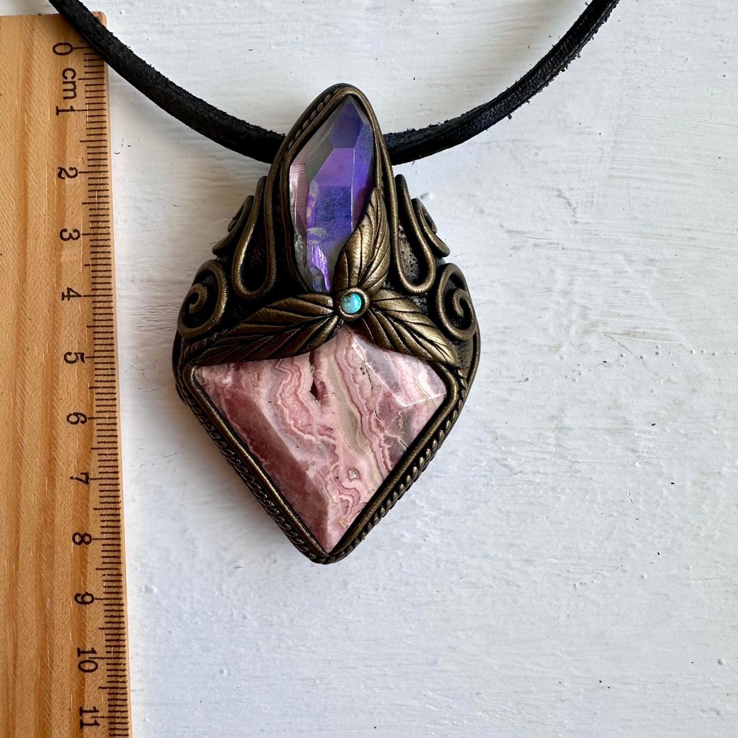 Rhodochrosite Angel Aura Quartz and Australian Opal Pendant Necklace - FairyGardenGlow