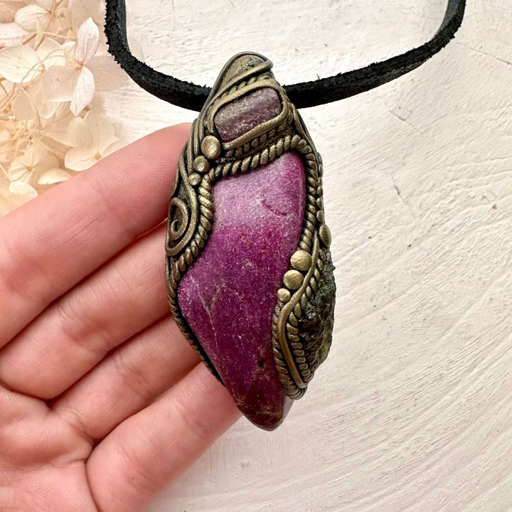 Stichtite Moldavite and Ruby Pendant, Handmade Crystal Jewelry - FairyGardenGlow