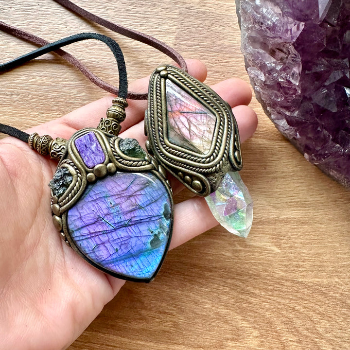 Labradorite and Angel Aura Quartz Pendant Necklace, Unique Handmade Jewelry - FairyGardenGlow