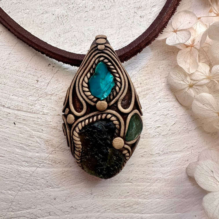 Moldavite Green Tourmaline and Chrysocolla Necklace - FairyGardenGlow