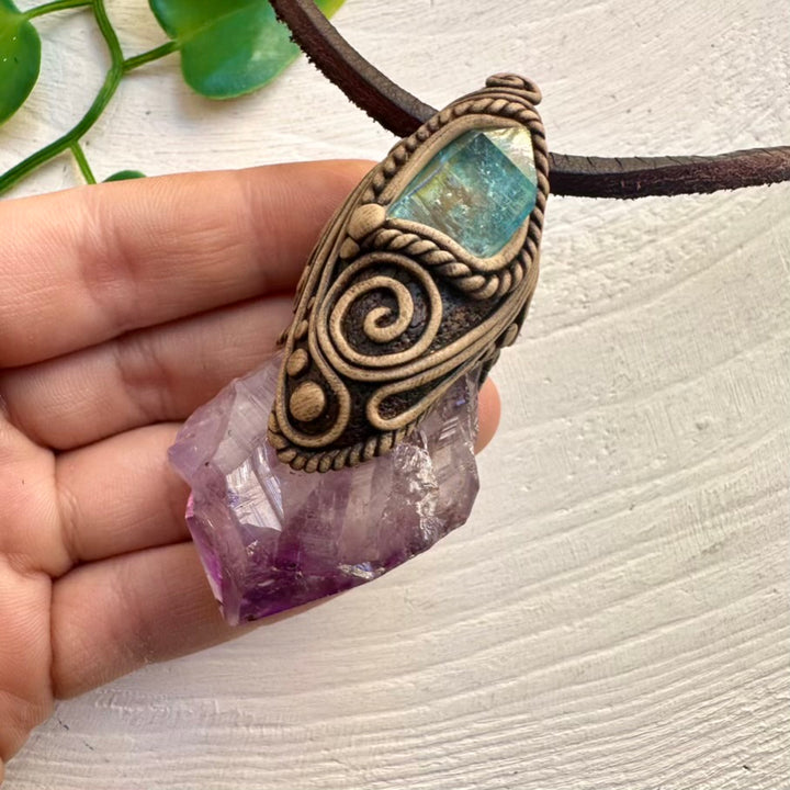 High-vibration necklace – raw Amethyst and Aqua Aura Quartz