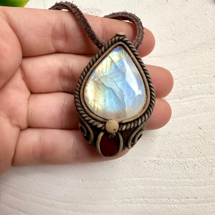 Rainbow Moonstone and Red Garnet Necklace