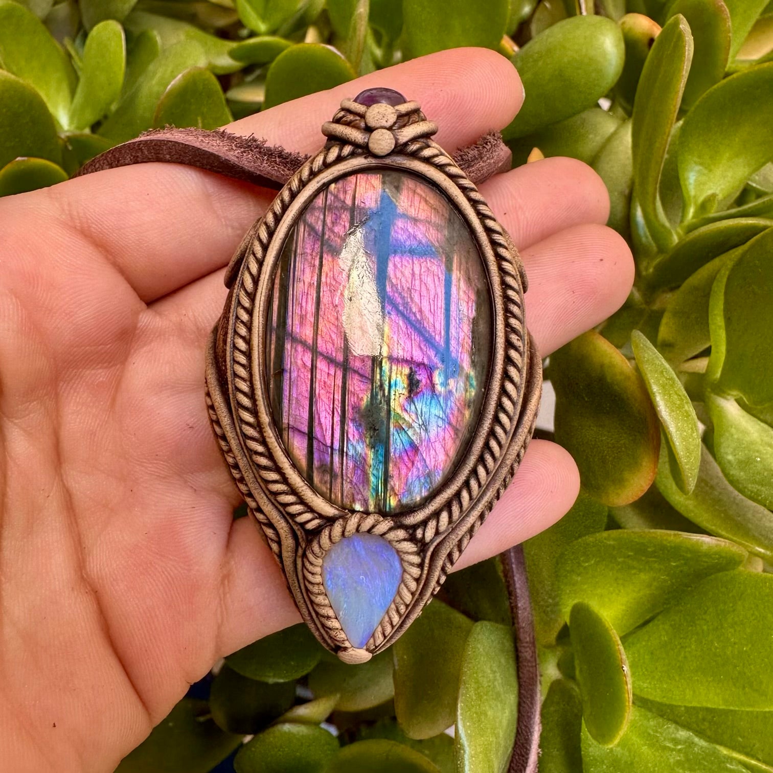 Purple Labradorite Amethyst and Australian Opal Necklace - FairyGardenGlow