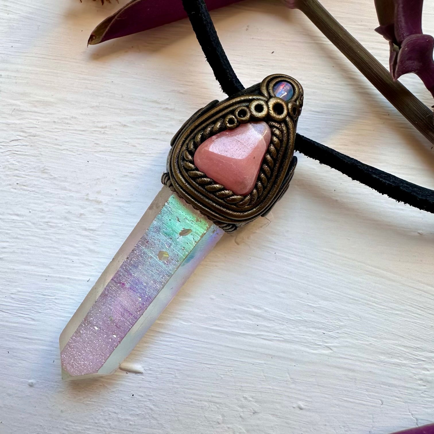 Angel Aura Quartz Rhodochrosite and Australian Opal Necklace - FairyGardenGlow