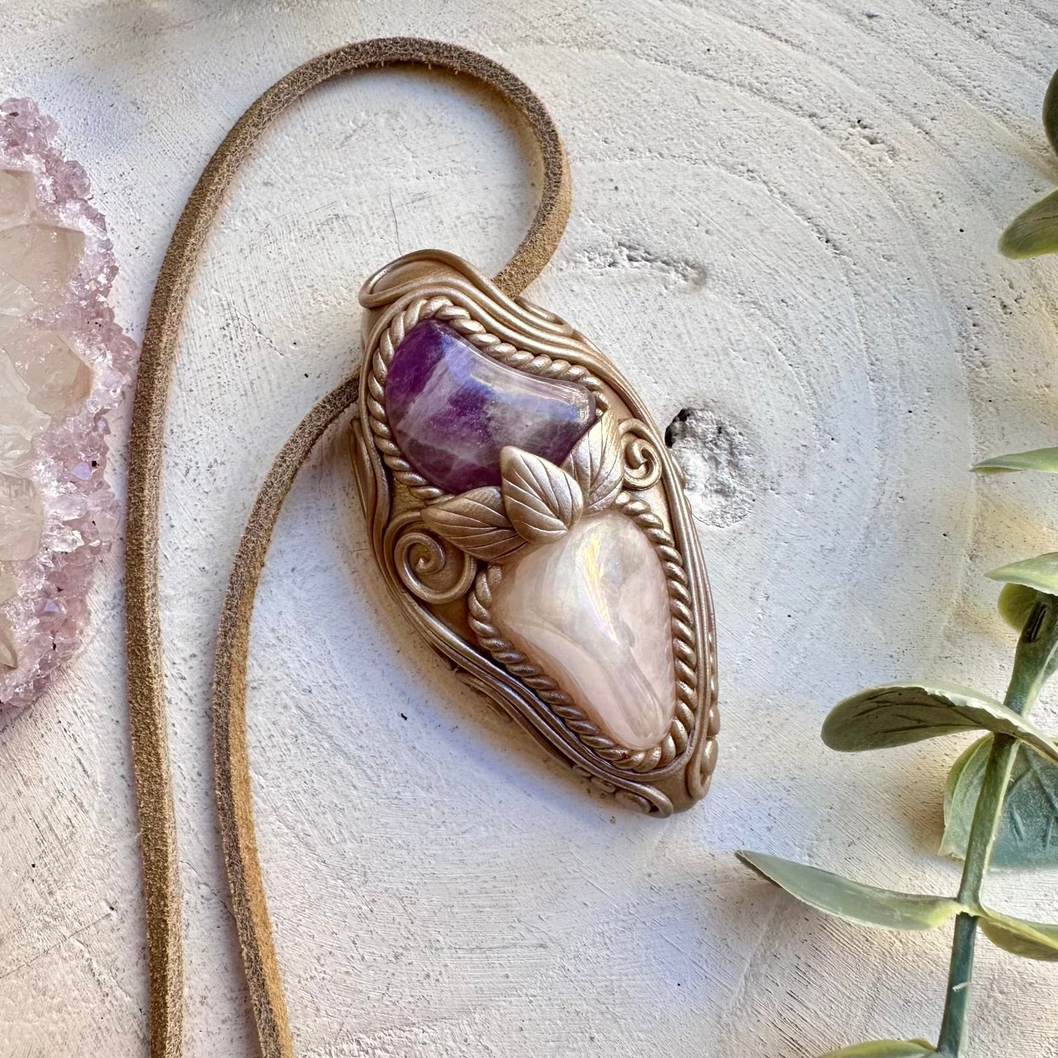 Angel Aura Rose Quartz and Amethyst Moon Necklace