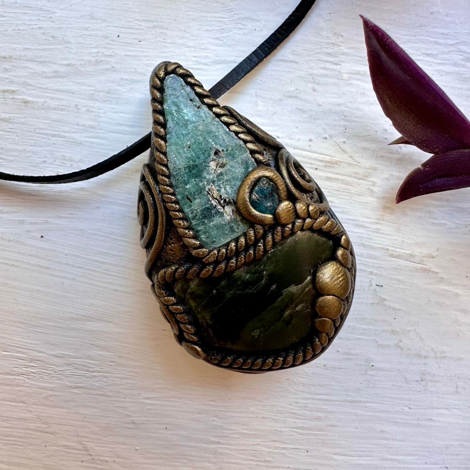 Nephrite Green Kyanite and Raw Blue Apatite Pendant Necklace - FairyGardenGlow
