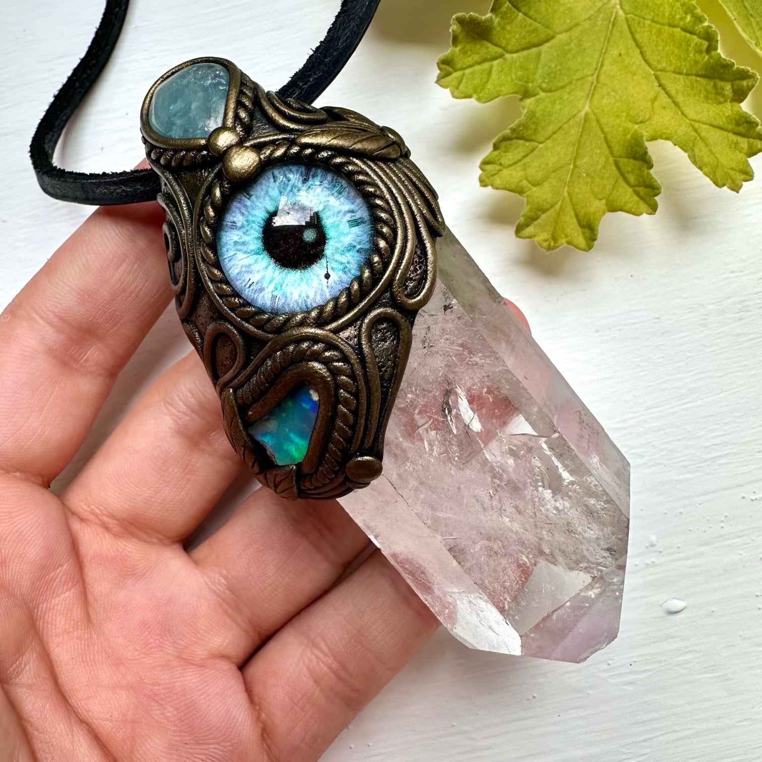 Clear Quartz Aquamarine and Raw Opal Eye Wand / Pendant - FairyGardenGlow