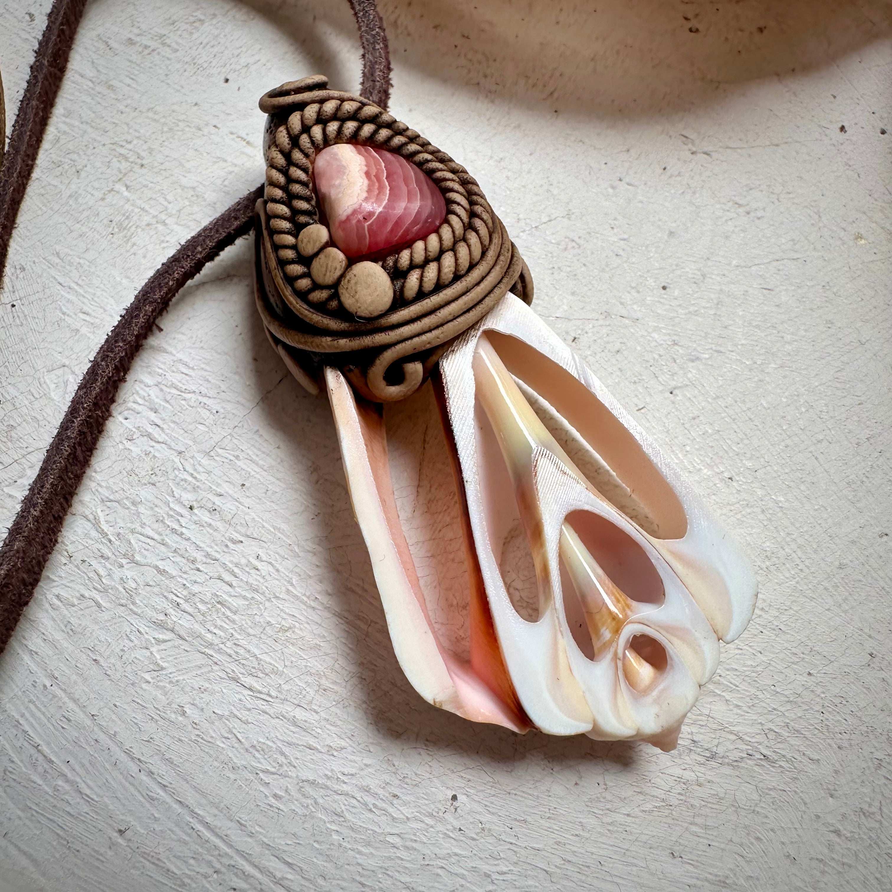 Seashell Slice and Rhodochrosite Pendant Necklace - FairyGardenGlow
