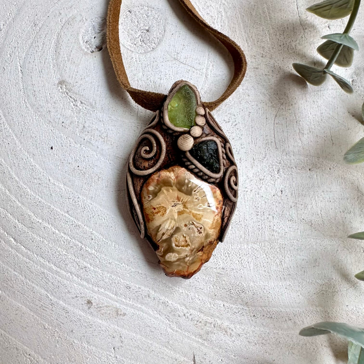 Petrified Wood with Moldavite and Peridot Necklace - Unisex Gemstone Jewelry